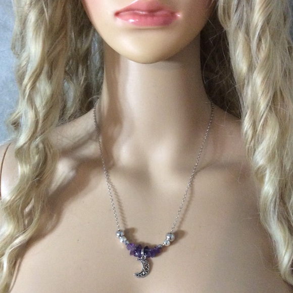 🌸 AMETHYST NECKLACE & EARRINGS MOON BOHO BUNDLE BOHEMIAN SET CHARM PENDANT BEAD - Picture 3 of 7